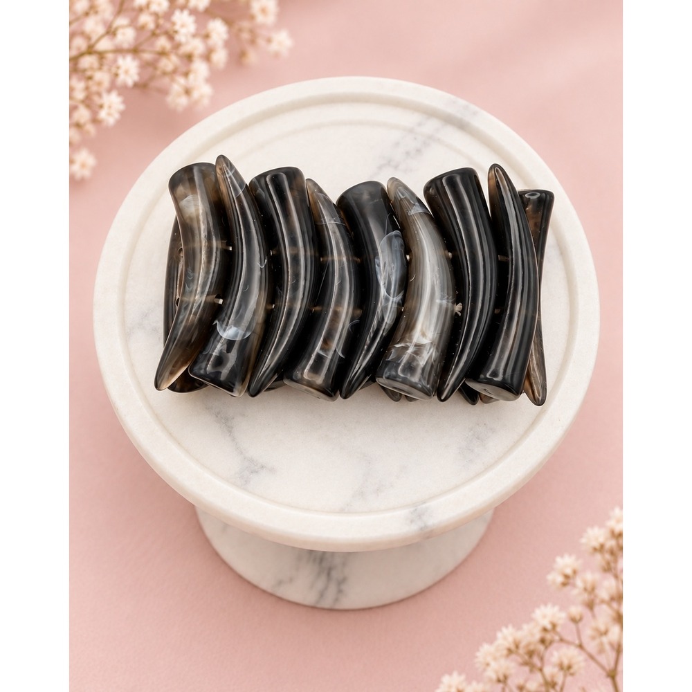Smoky Black Marbled Resin Horn Tusk Stretch Bracelet Boho Statement Accessory